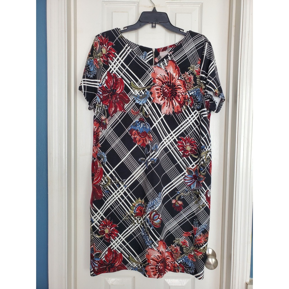 Chico's Shift Dress Black Floral Plaid Zipper Back Petite Size 16P